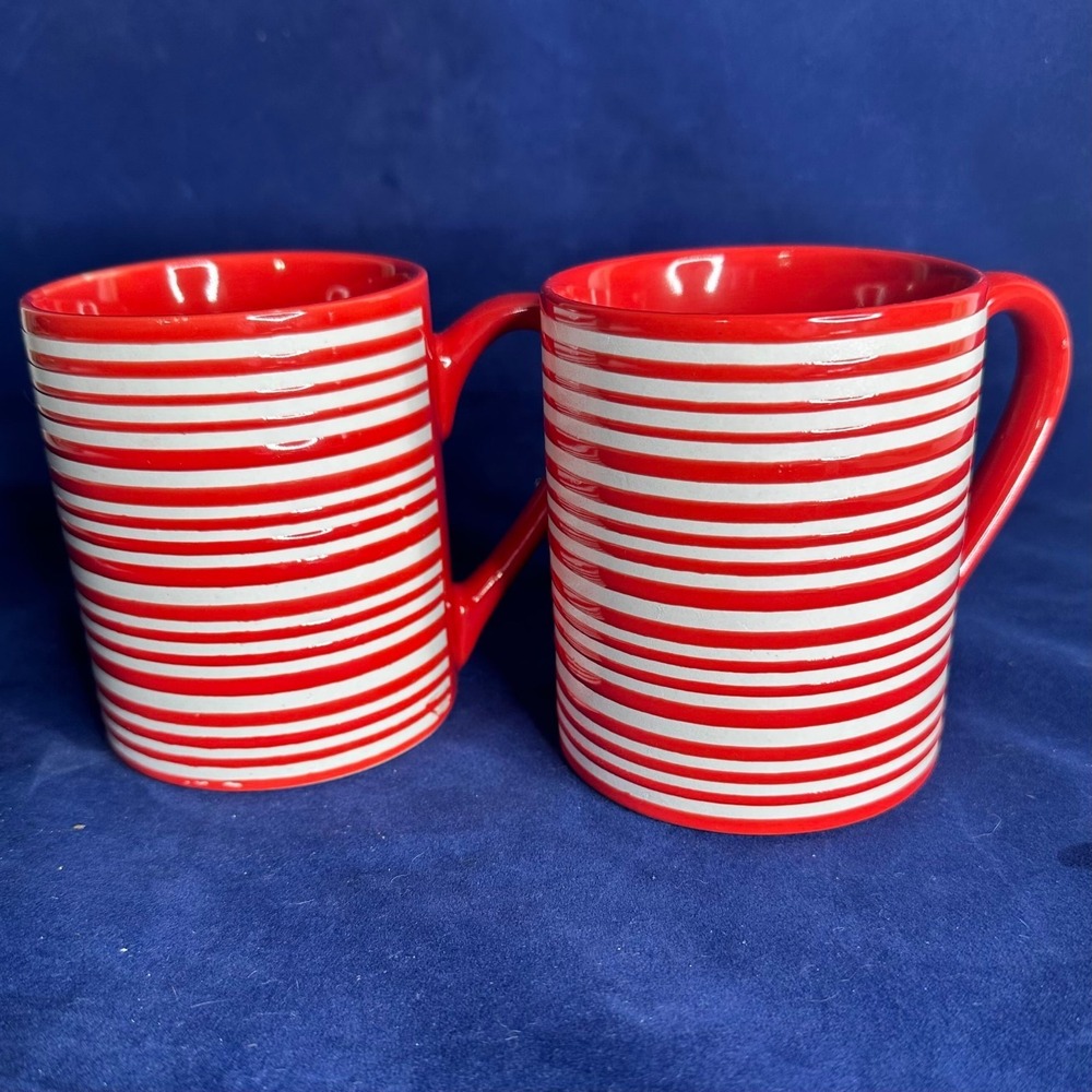 Set of 2 Food Network Coffee Tea Mug Red Ceramic Embossed Stripe Design